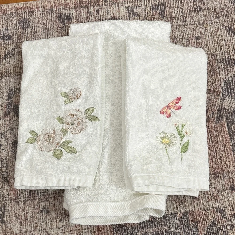 Modern Trousseau White Hand Towels with Floral & Butterfly Embroidery